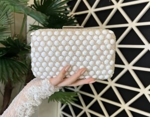 Beyaz Taşlı Parlak Gelin Abiye Çantası